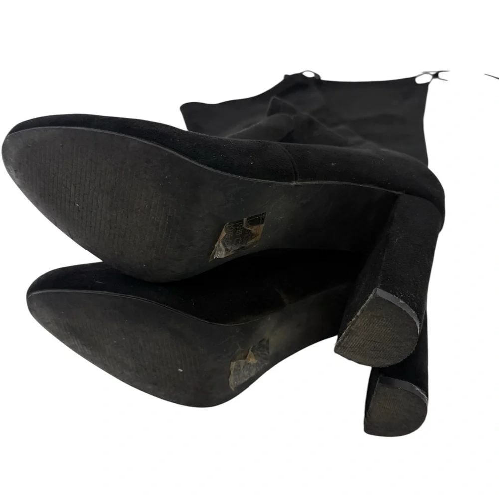 Black Faux Suede Over-the-Knee Block Heel Boots Zipper & Adjustable Tie Thighs